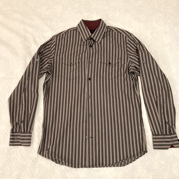 Banana Republic button down shirt, small slim fit, 14-14.5, gray and red stripes - Picture 1 of 5